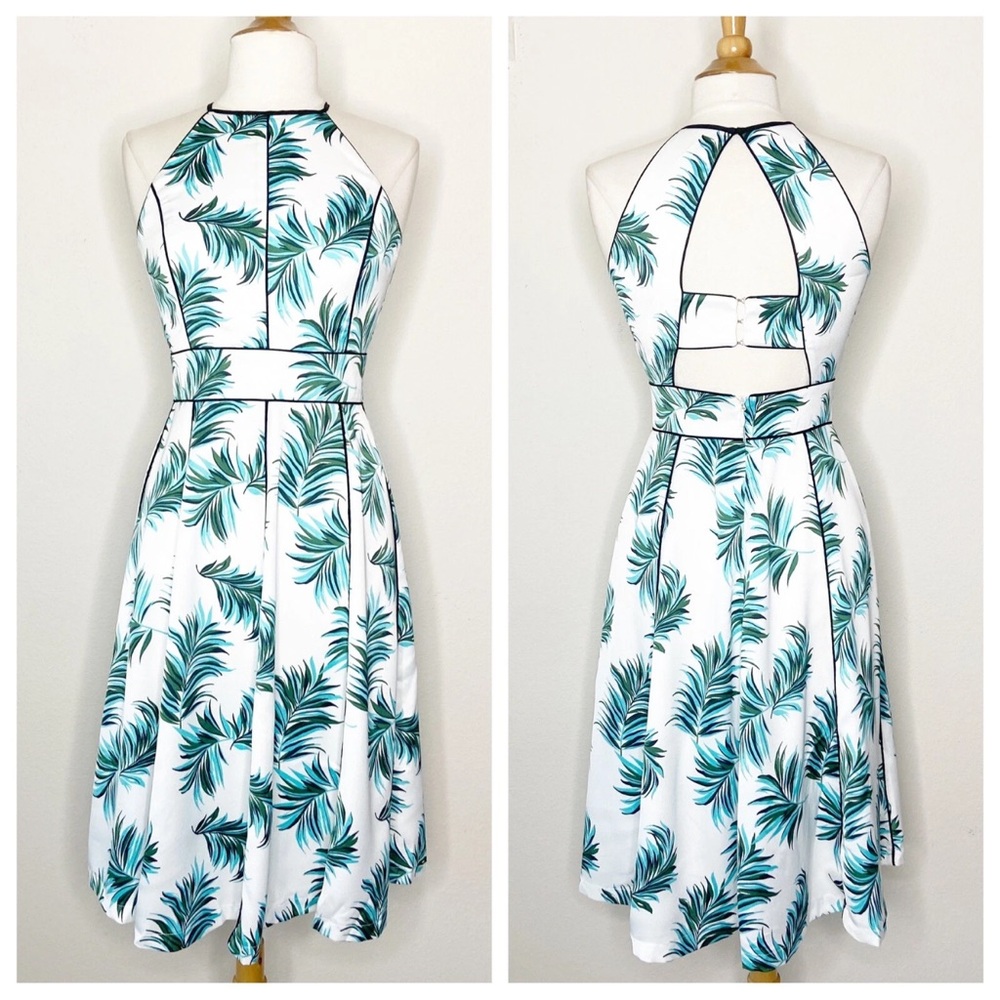 Adelyn Rae Palm Leaf Pattern Black Piping Back Cut Out White Halter Dress Small